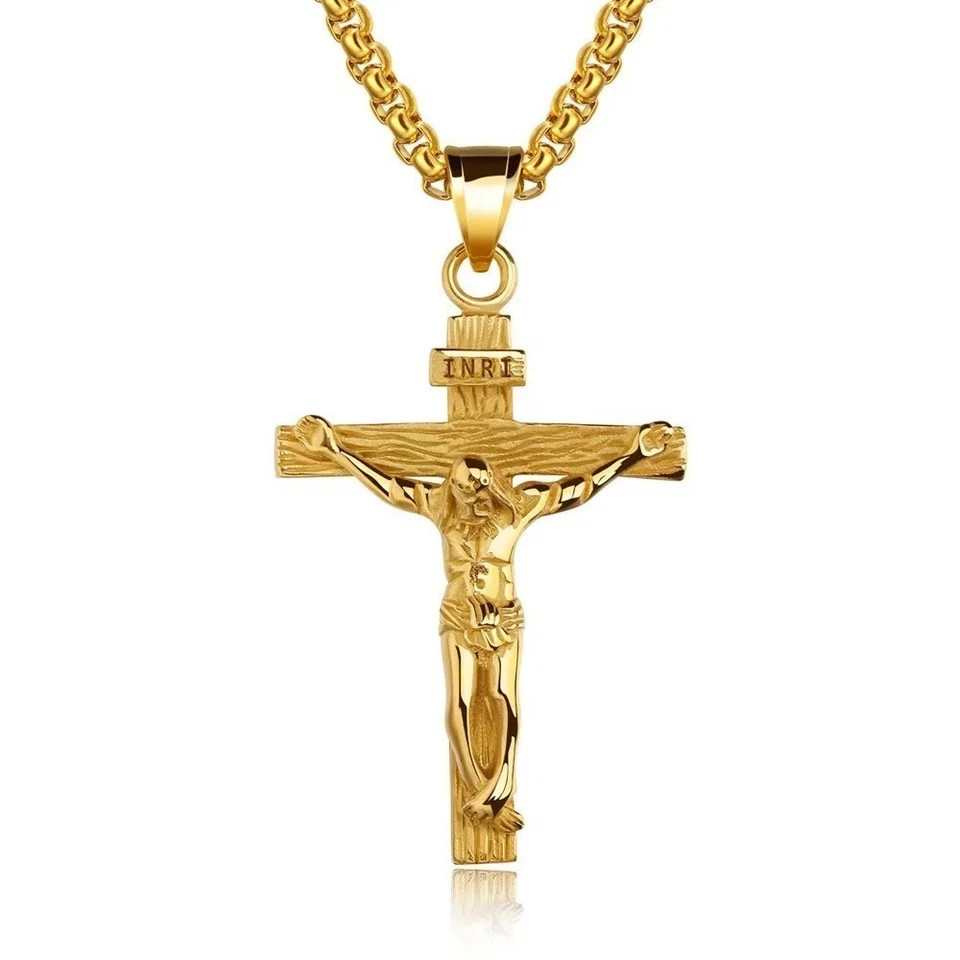 Men Stainless Steel Jesus Christ Crucifix Cross Pendant Chain Necklace