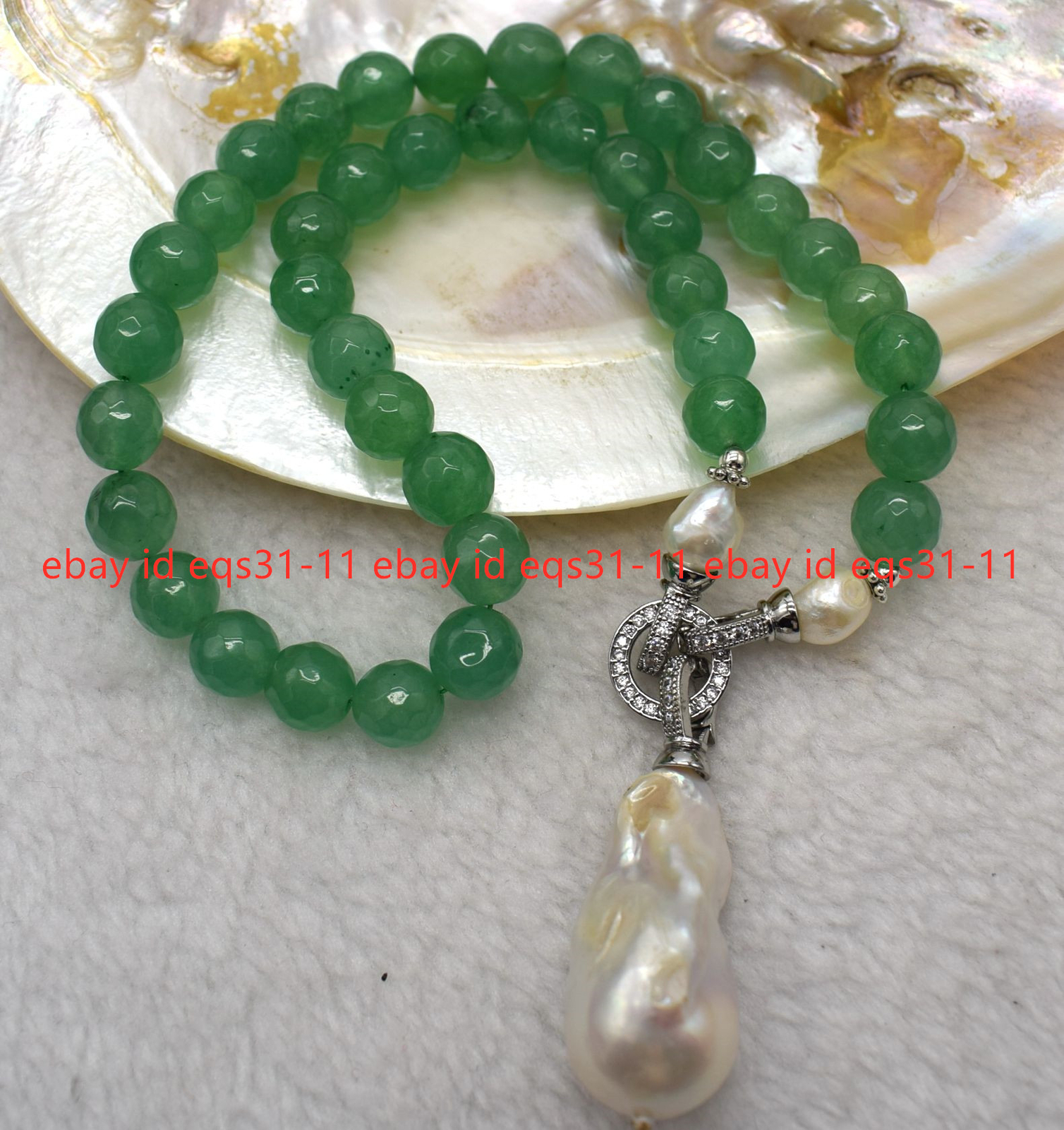 6-12mm Faceted Green Aventurine Gems White Keshi Baroque Pearl Pendant Necklace