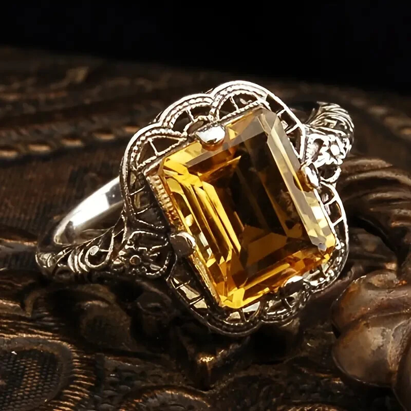 Silver-Tone Yellow Filigree Cocktail Ornate Ring Size 6 New Free Ship 75