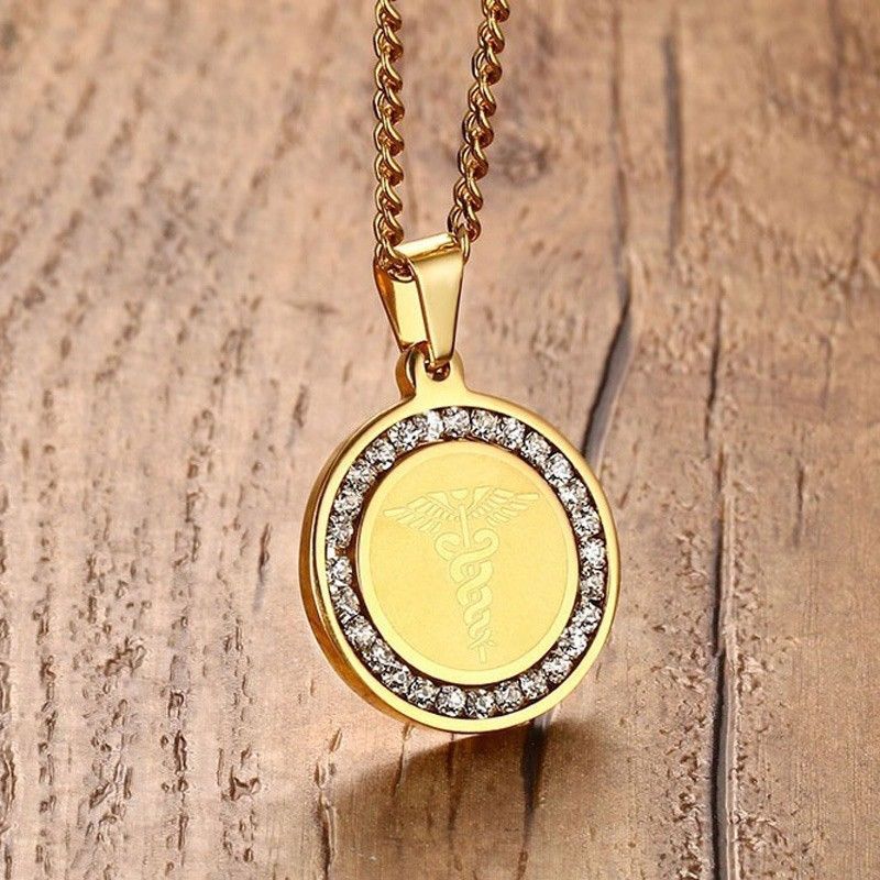 Gold Medical Alert ID Tag Necklace Pendant Crystal Stainless Steel Free Shipping