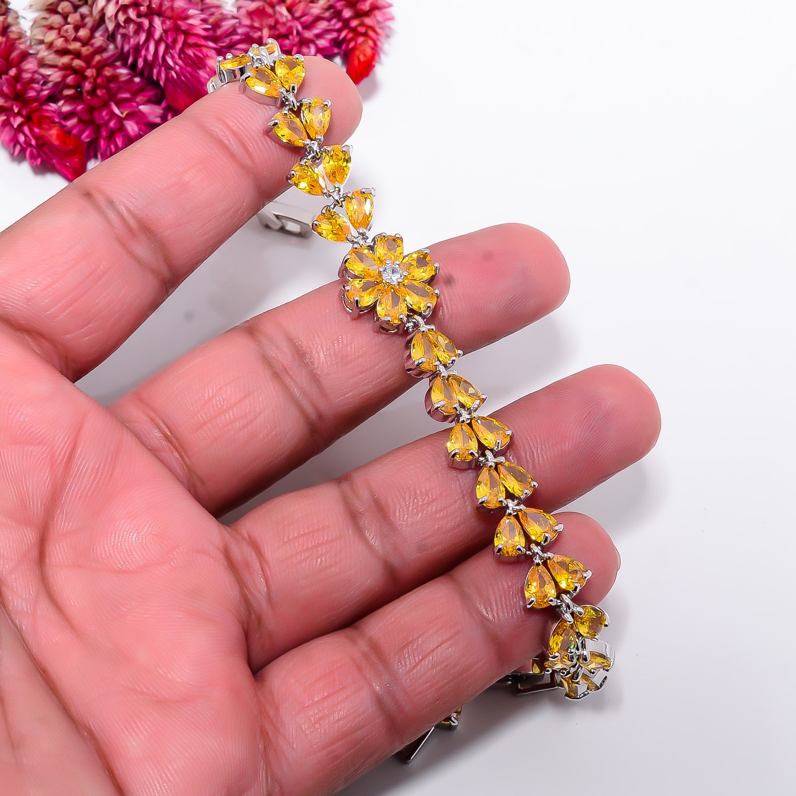 Yellow Sapphire -Simulated, CZ 925 Sterling Silver Adjustable Bracelet 7-8″ B89