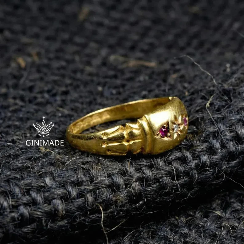 Victorian Starburst Pinky Ring CZ Diamond Ruby Gold Tone