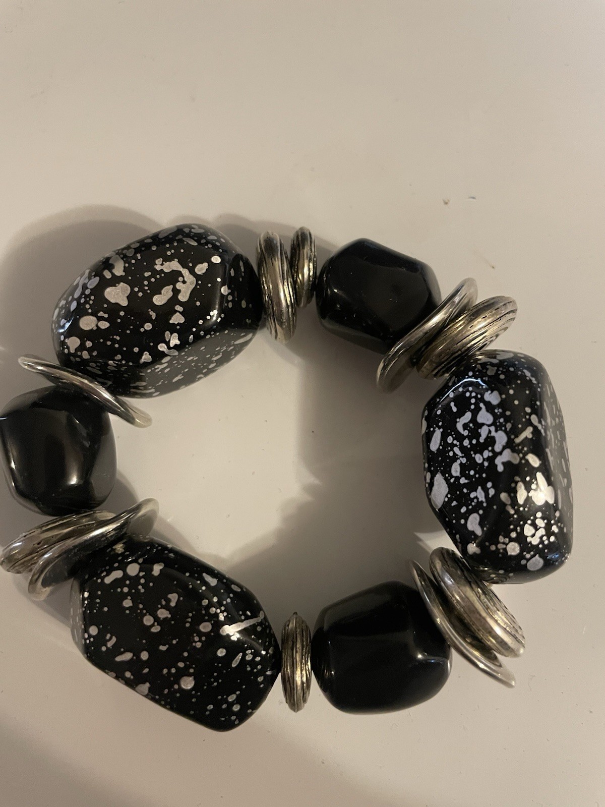 Stretch Beaded Bracelet Black Silver Plastic Metal Round Beads No Clasp