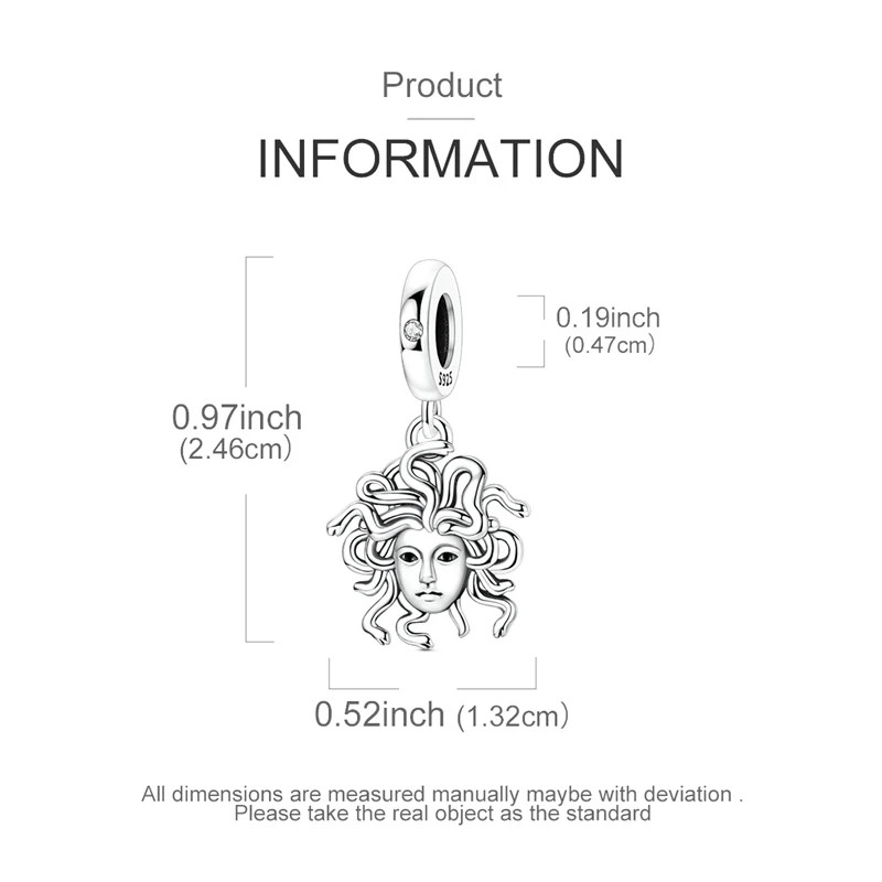 GREEK MYTHOLOGY MEDUSA SNAKE HEAD STERLING SILVER BRACELET CHARM PENDANT & POUCH