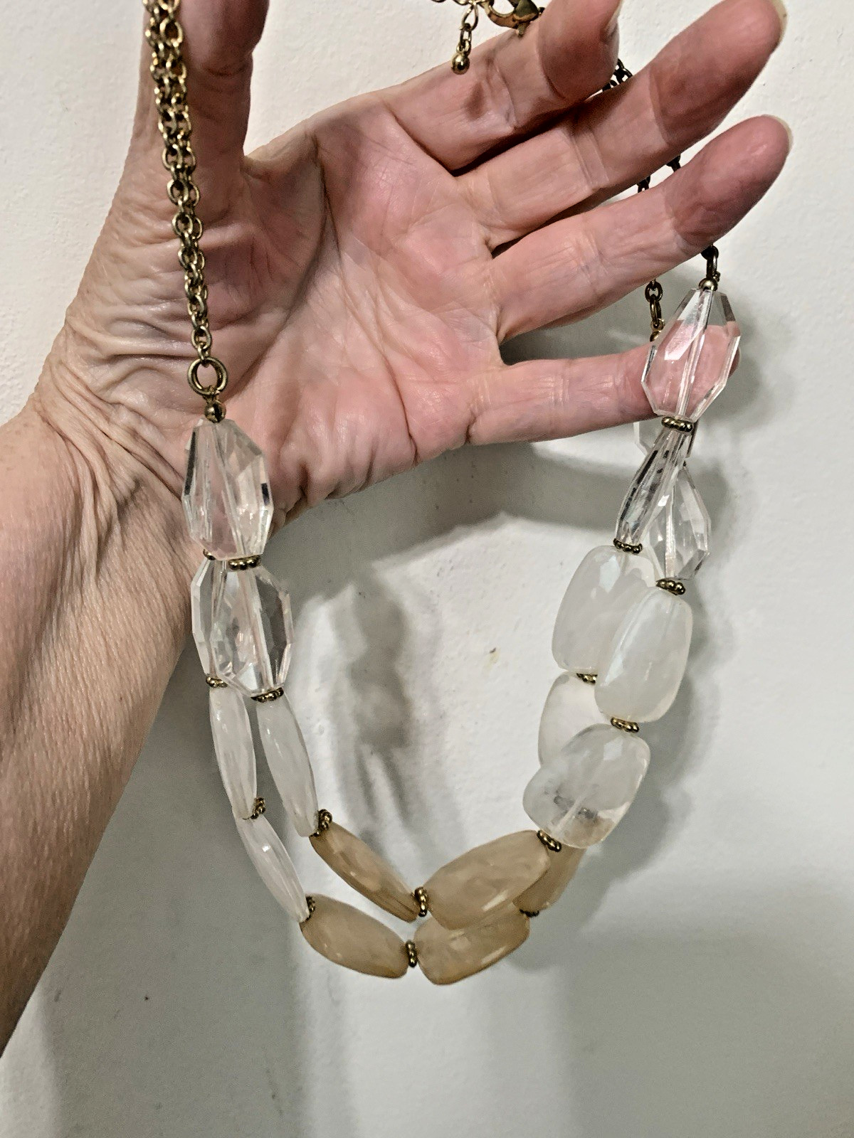 Multi-Strand White & Clear Oval Glass Beaded Statement Necklace Lobster Clasp