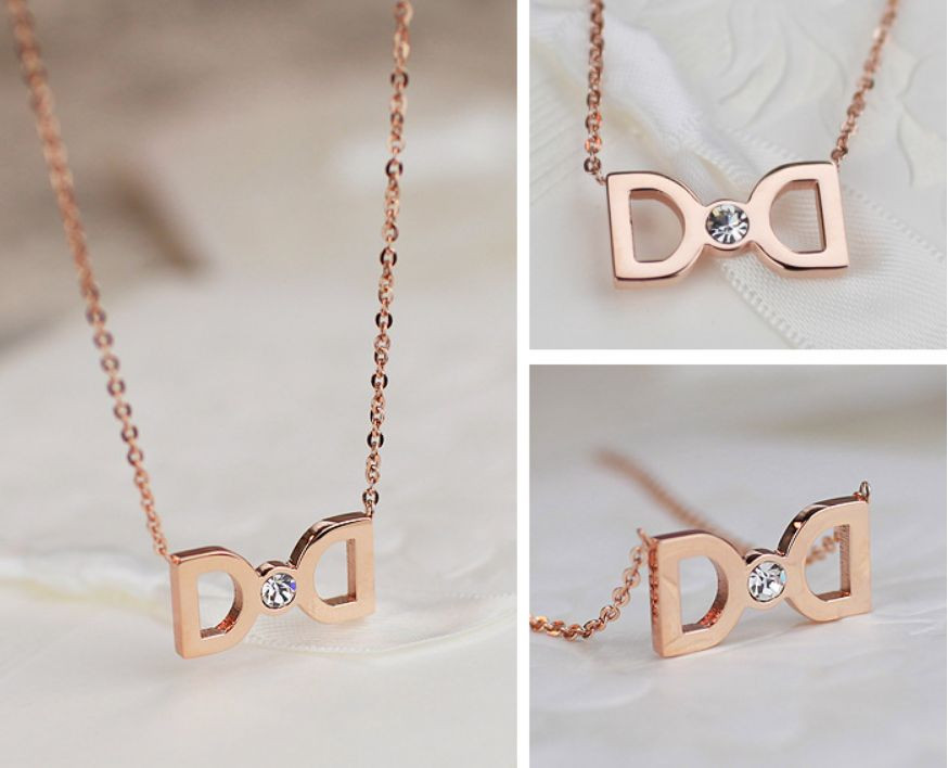 18KGP Rose Gold Tone Stainless Steel Cubic Zirconia Center Double D Necklaces