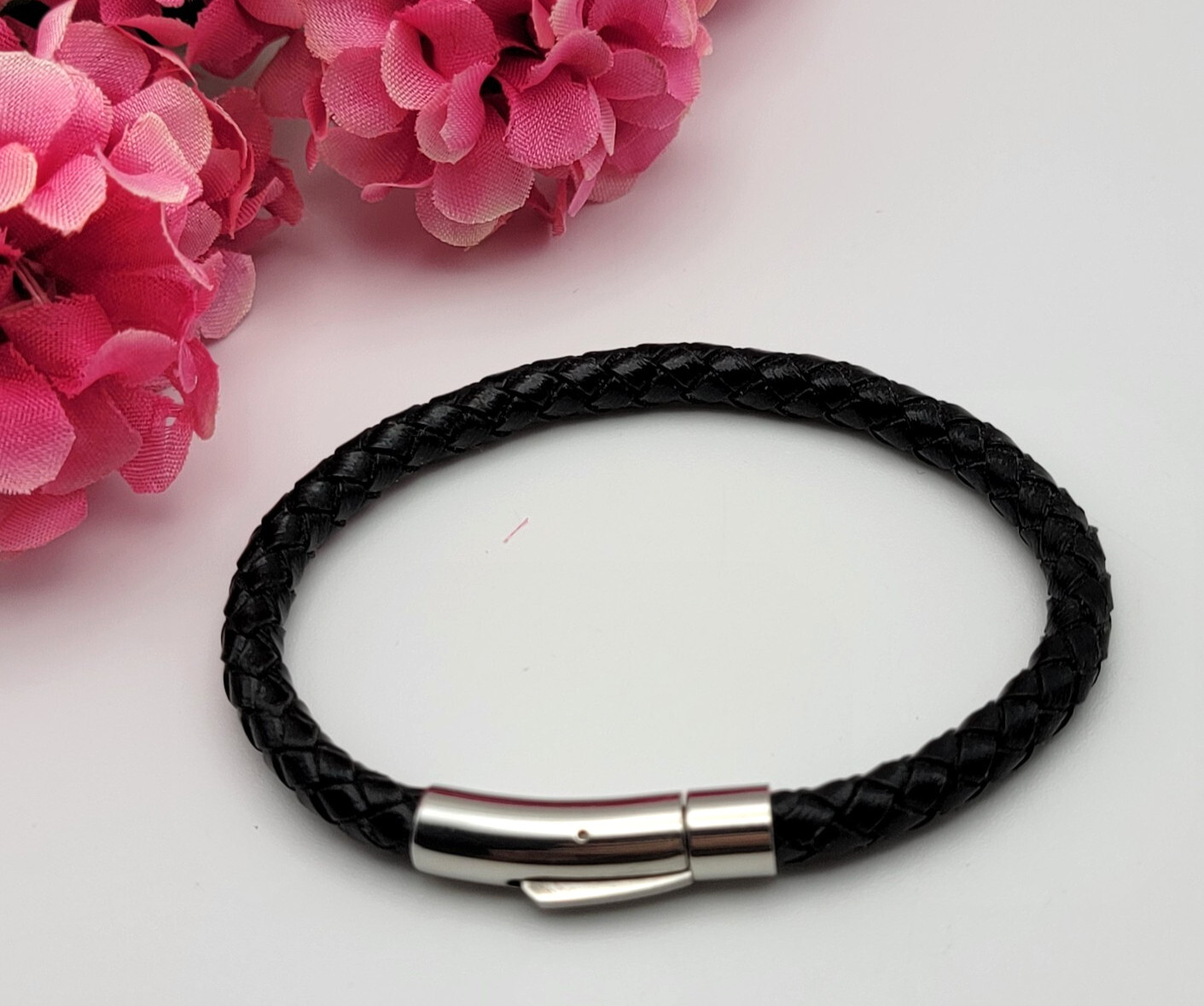 STEEL TIME STAINLESS STEEL BRAIDED LEATHER CORD CUFF BRACELET 7.5″ UNISEX ADULTS
