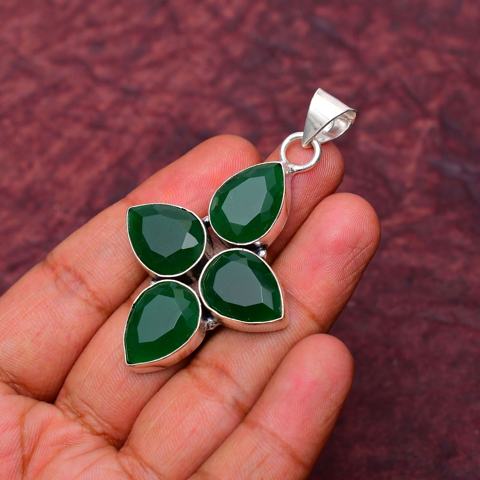 Green Onyx Gemstone 925 sterling silver Handmade jewelry Pendant 2.28″