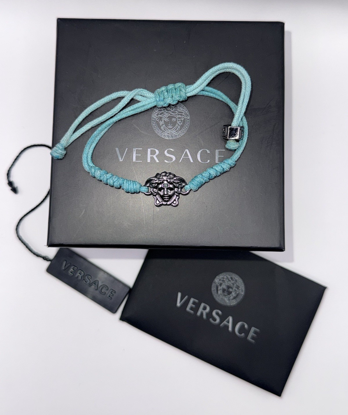 Versace Blue Cord Bracelet Medusa Head Dangle Charm Adjustable