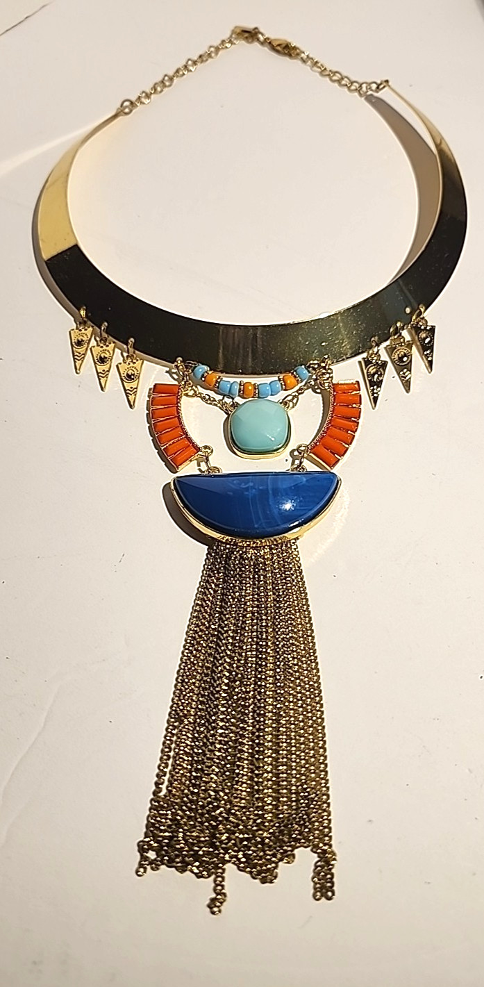 Blue and Orange Necklace Boho Tribal Gold Tone Rigid Base Fringe Tassle