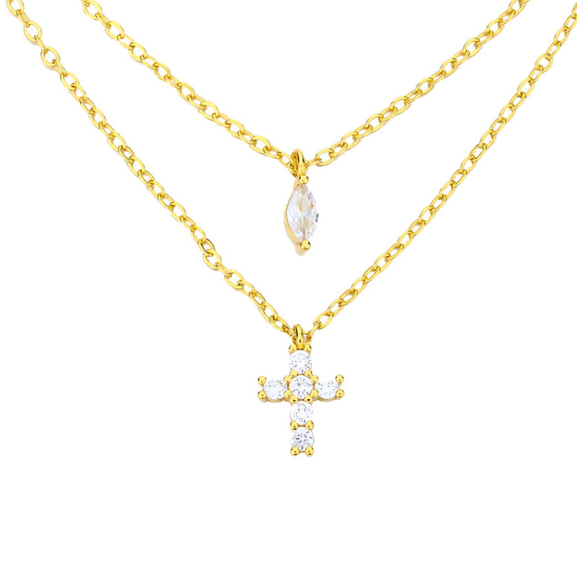 Silver Plated Double layers CZ cross pendant choker necklace 16-18″ K59