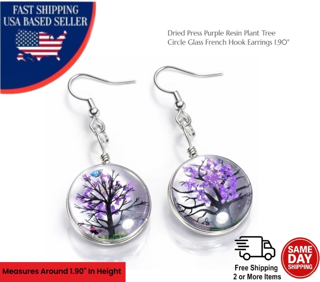 Purple Dried Pressed Flower Resin Earrings Botanical Tree Nature Boho 1.90″ Gift
