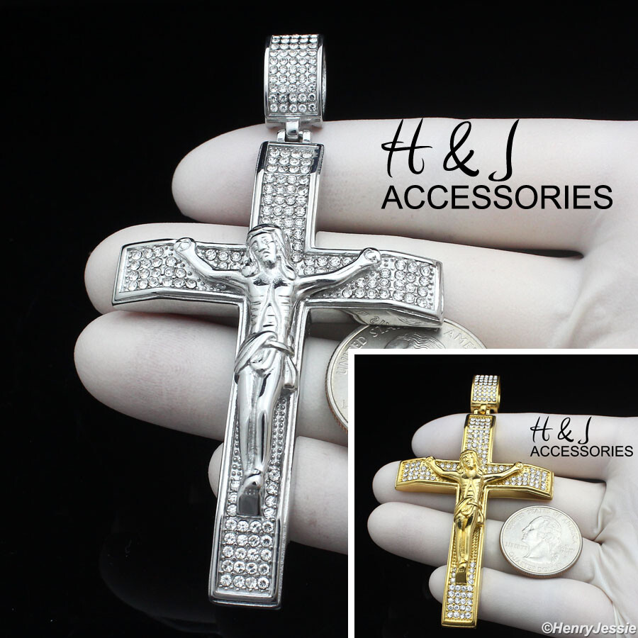 MEN STAINLESS STEEL ICY CZ SILVER/GOLD PLATED BIG JESUS CHRIST CROSS PENDANT*142