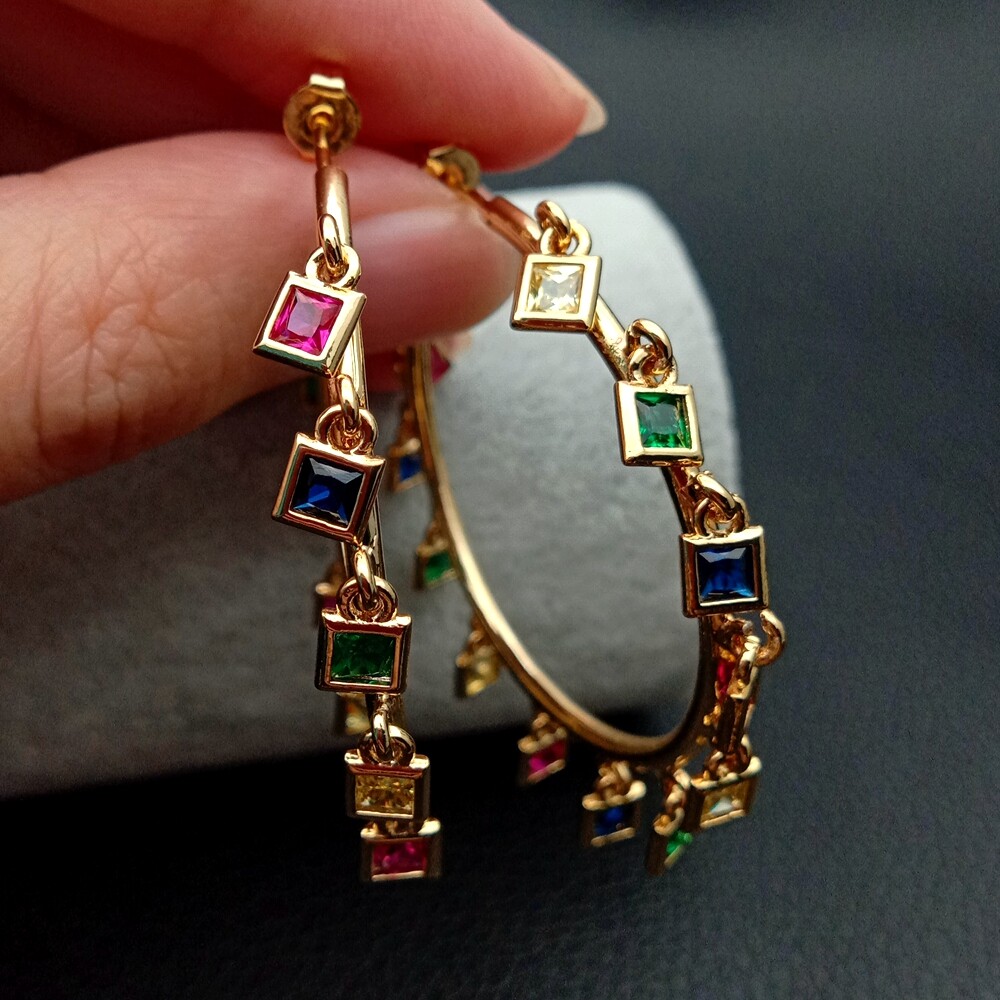 Circle Hoop earrings 40mmgold filled with rainbow cz charm Bohemia Bohe earring