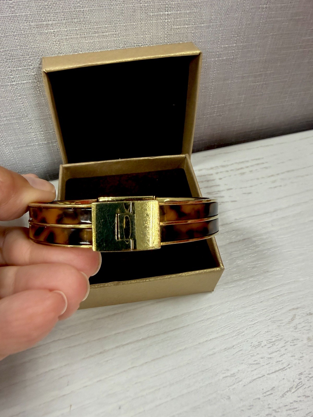 Michael Kors Gold Tone Hinged Bangle Cuff Bracelet, Push Lock, Signed