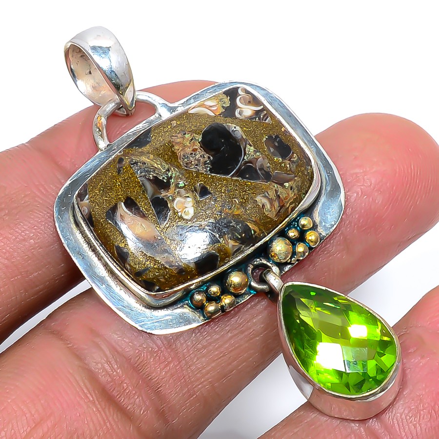 Copper Turritella Fossil & Peridot 925 Silver Plated Pendant 2.05″ T20