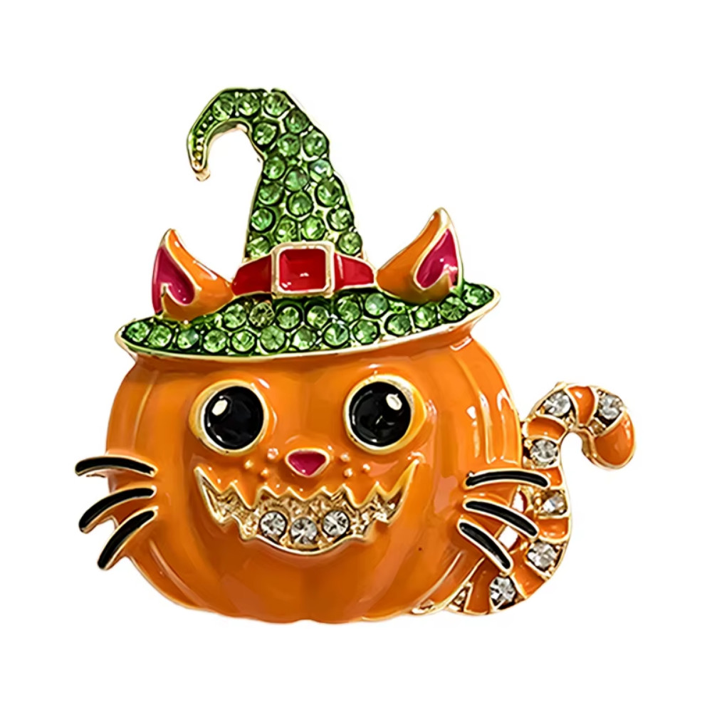 Halloween Witch Pumpkin Cat Brooch Pin Crystal Gold Enamel Statement JewelryGift