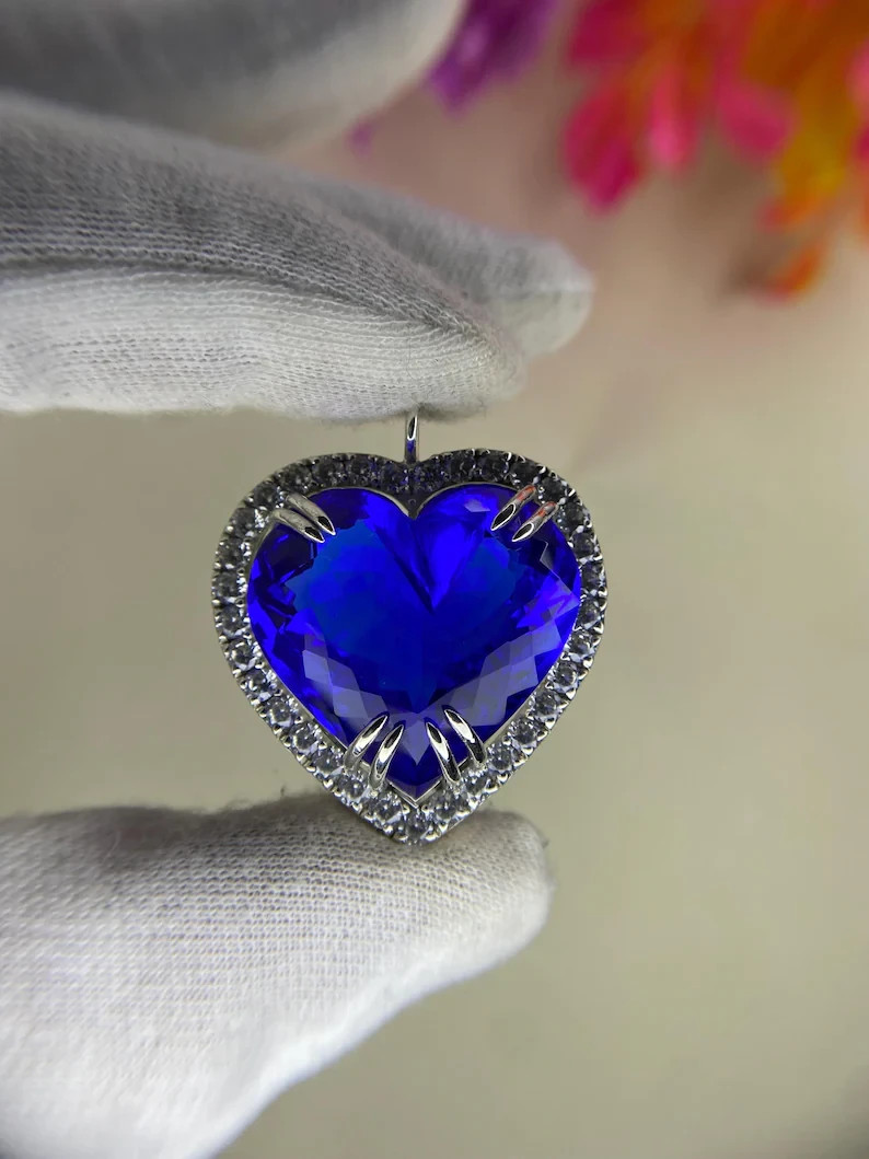 14K White Gold Plated Halo Heart Charm Pendant 3.12 Ct Heart Simulated Sapphire