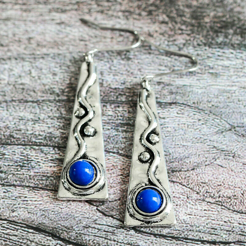 Oxidized Silver Plated Blue Lapis Triangle Fashion Jewelry Hook Dangle Earrings