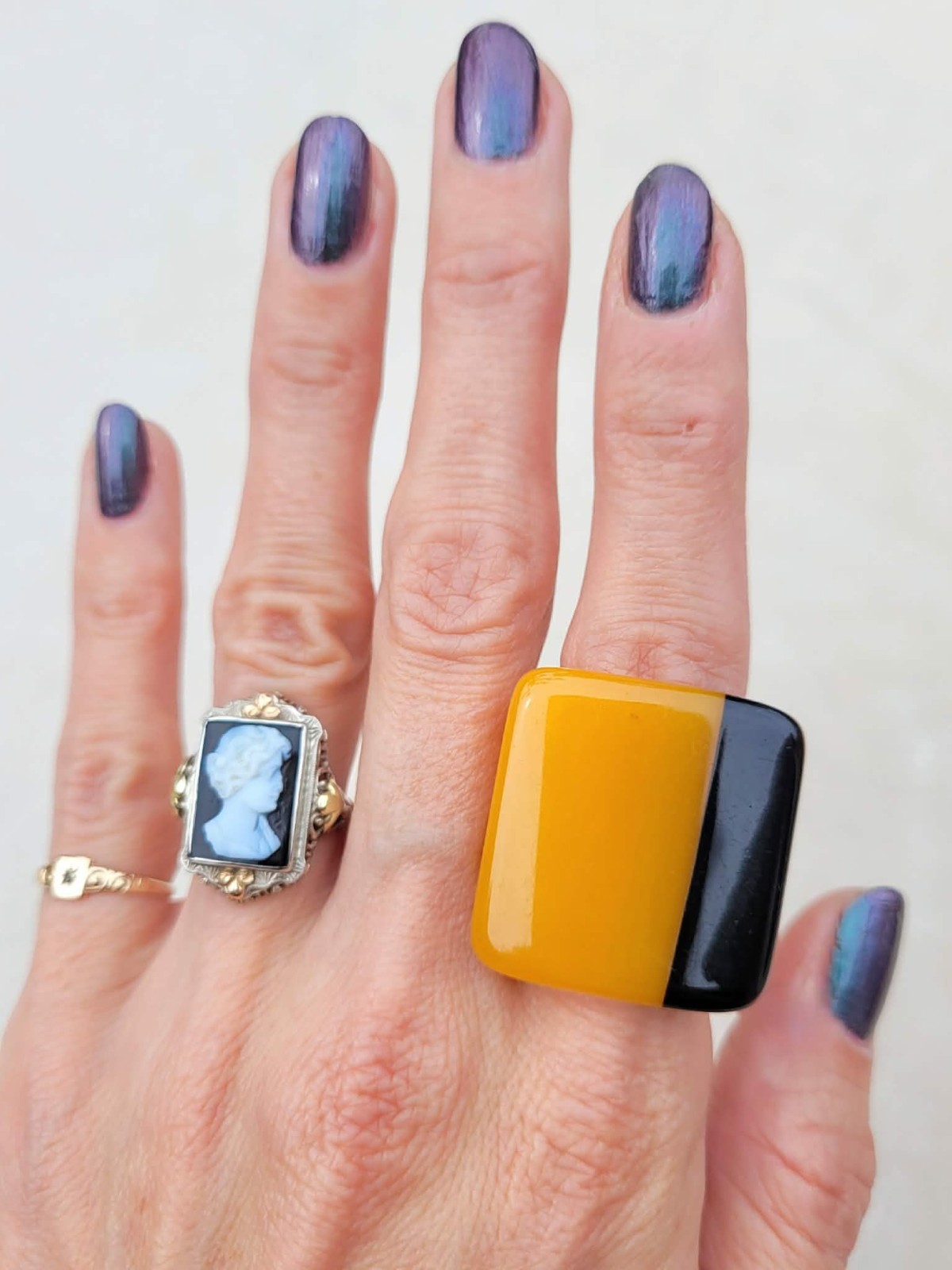 Vtg Marion Godart France Resin Square Black & Yellow Art Deco Revival Ring Sz 7