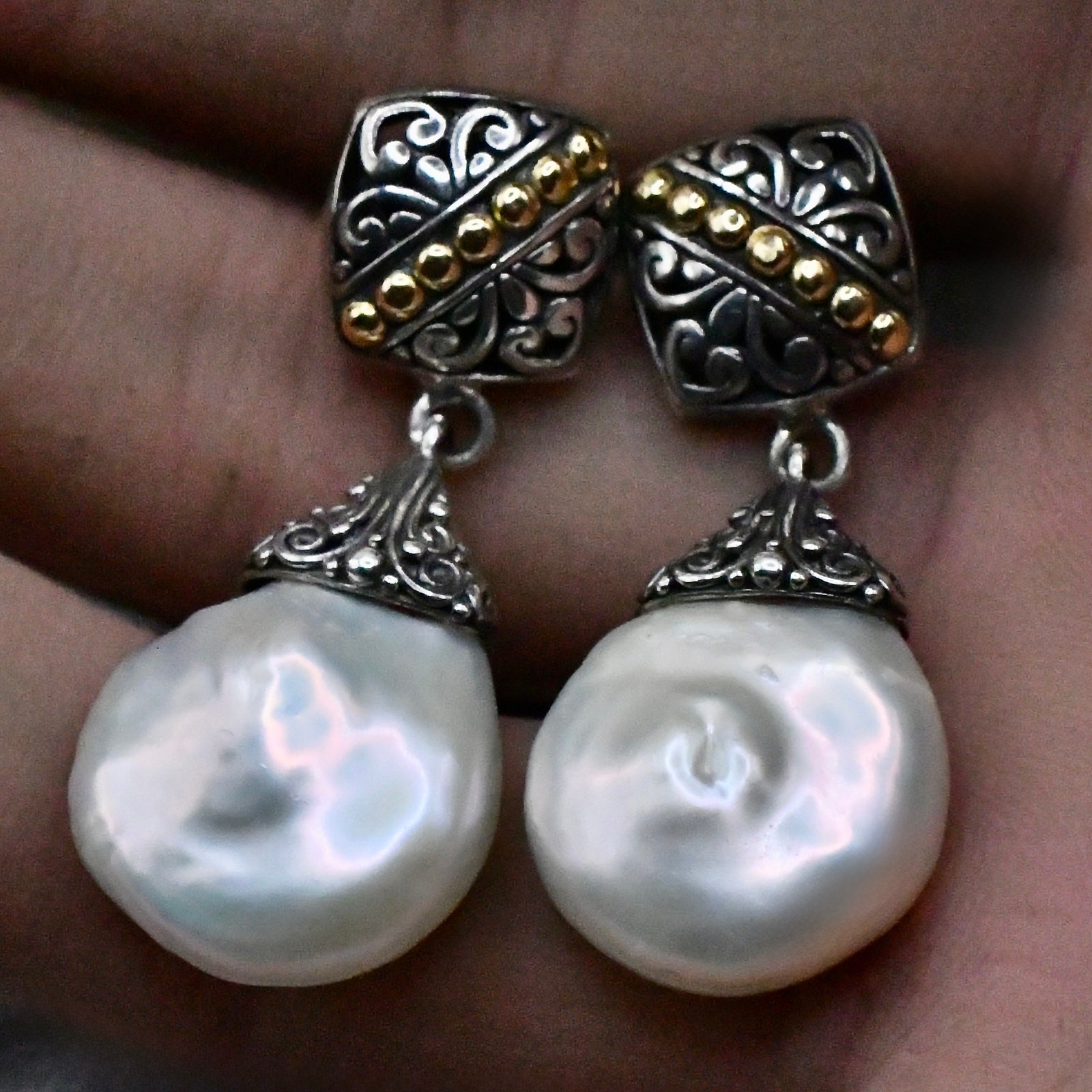 Samuel B Artisan Sterling Silver 18K Gold Baroque Pearl Fox Earrings 925