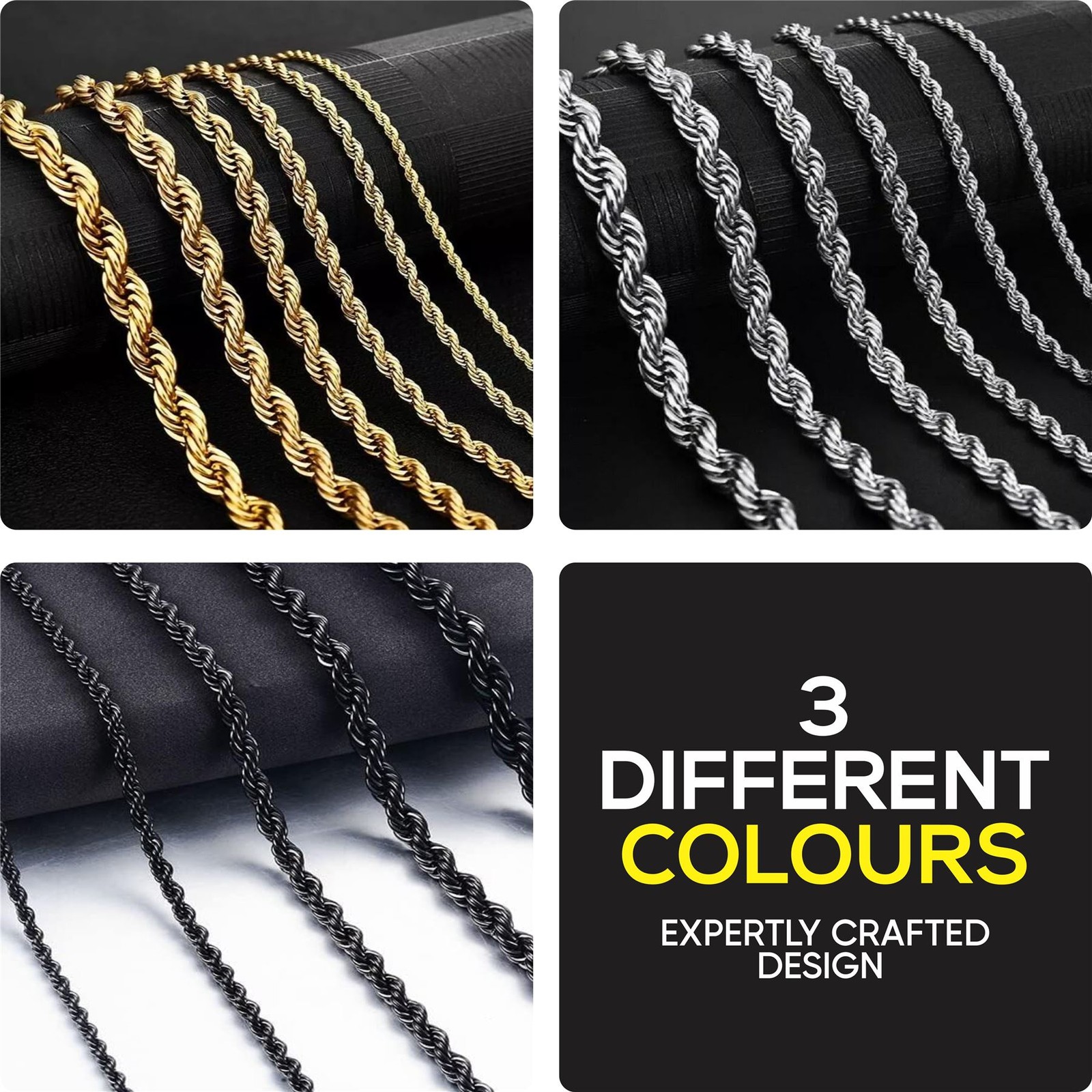 *UK* Black Stainless Steel 316L Mens Rope Twist Chain Necklace Link Chunky Boys