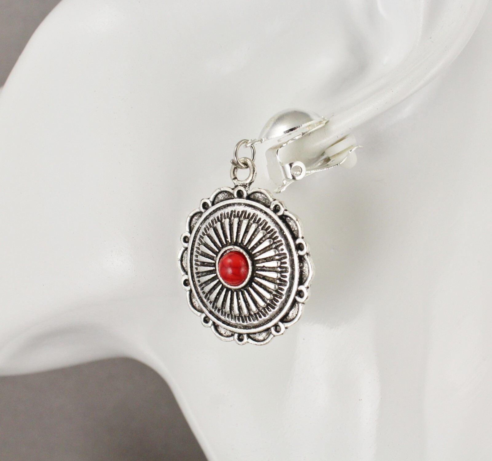 Silver Clip On earrings round medallion pendant clips lightweight 1 7/8″ long