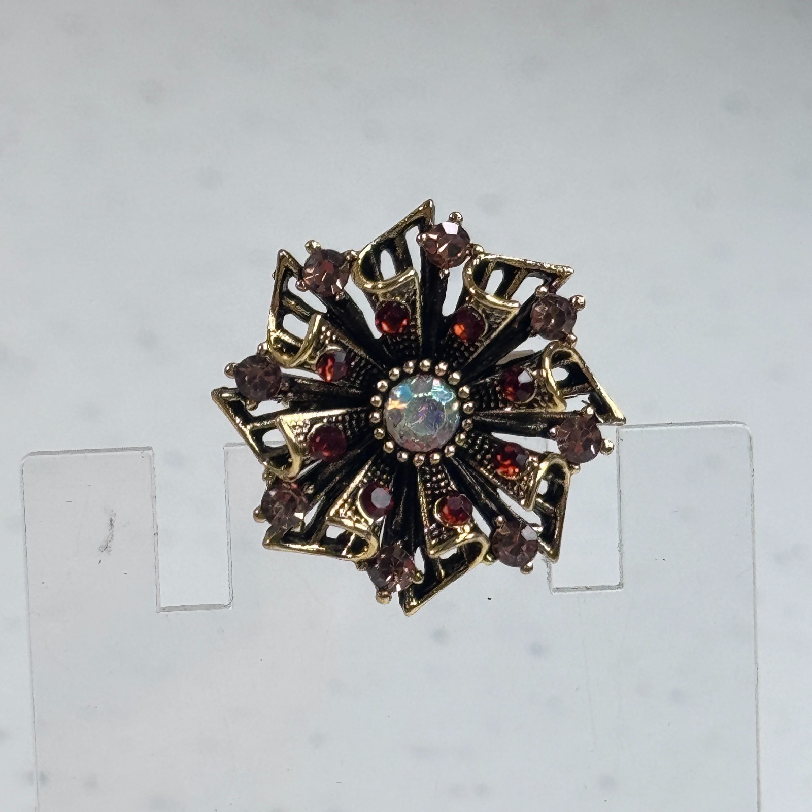 Brooch Red Rhinestone Aurora Borealis Floral Gold Tone Layered Flower 1576-6