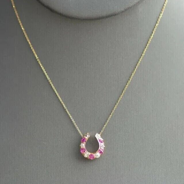Round Cut Simulated Pink Ruby Women’s Horseshoe Pendant 14K Yellow Gold Plated