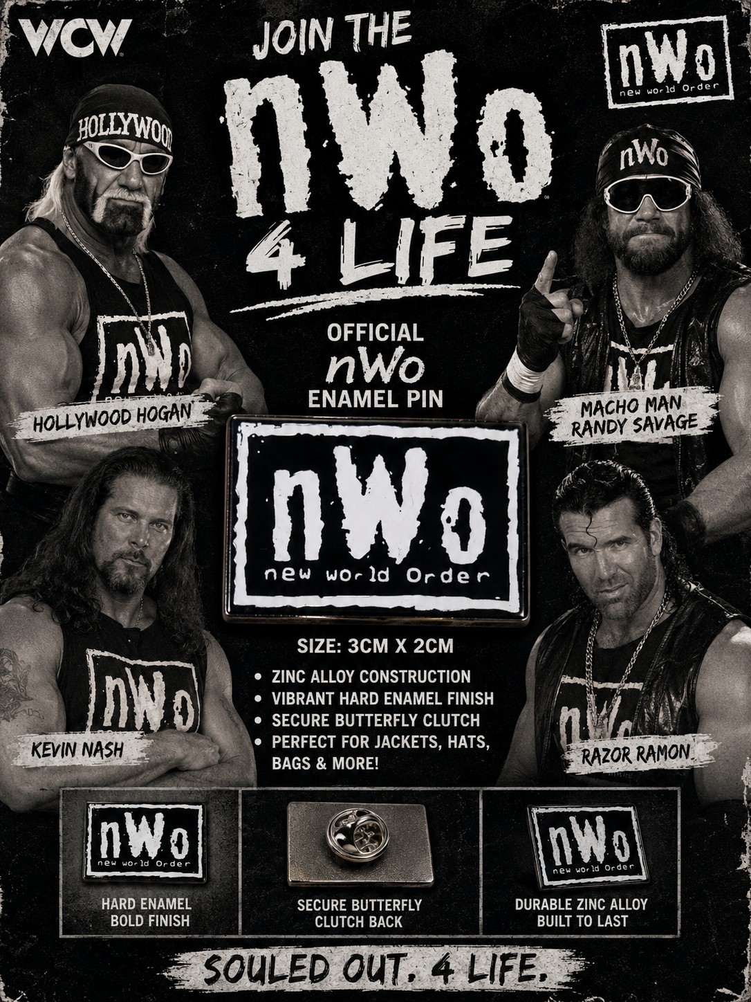NWO Wrestling Style 1pc New World Order Pin Hogan Macho Man Kevin Nash Razor