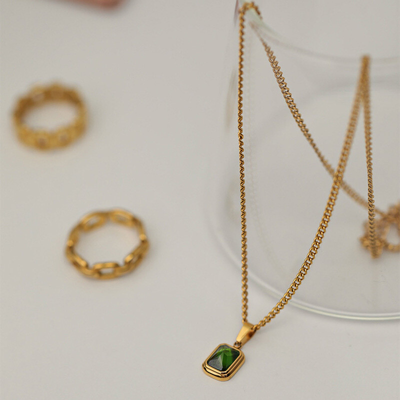 Woman 18K Gold Plated Stainless Steel Simulated Green CZ Chain Necklace