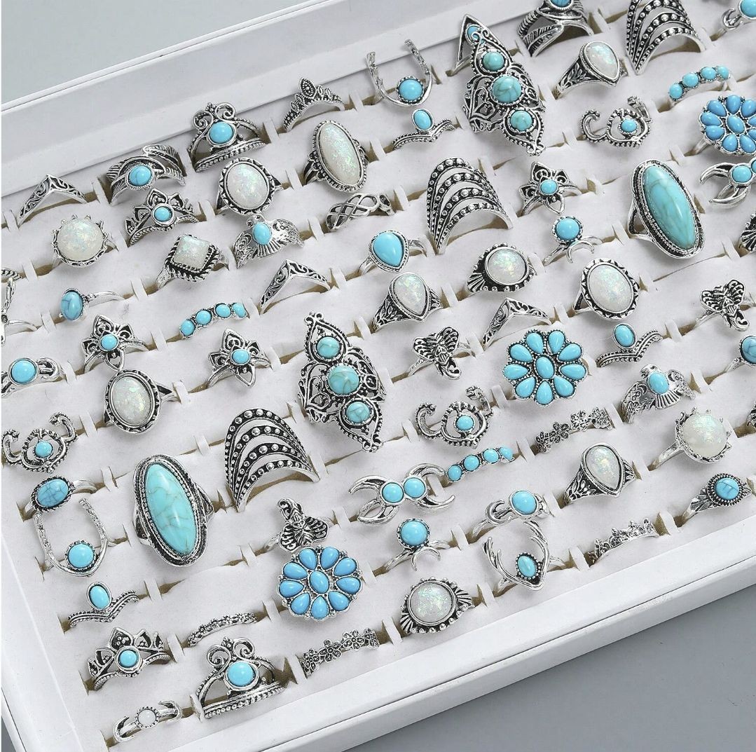 Wholesale 50-150pcs Vintage Bohemian Rings Mixed Silver Tone Turquoise Women