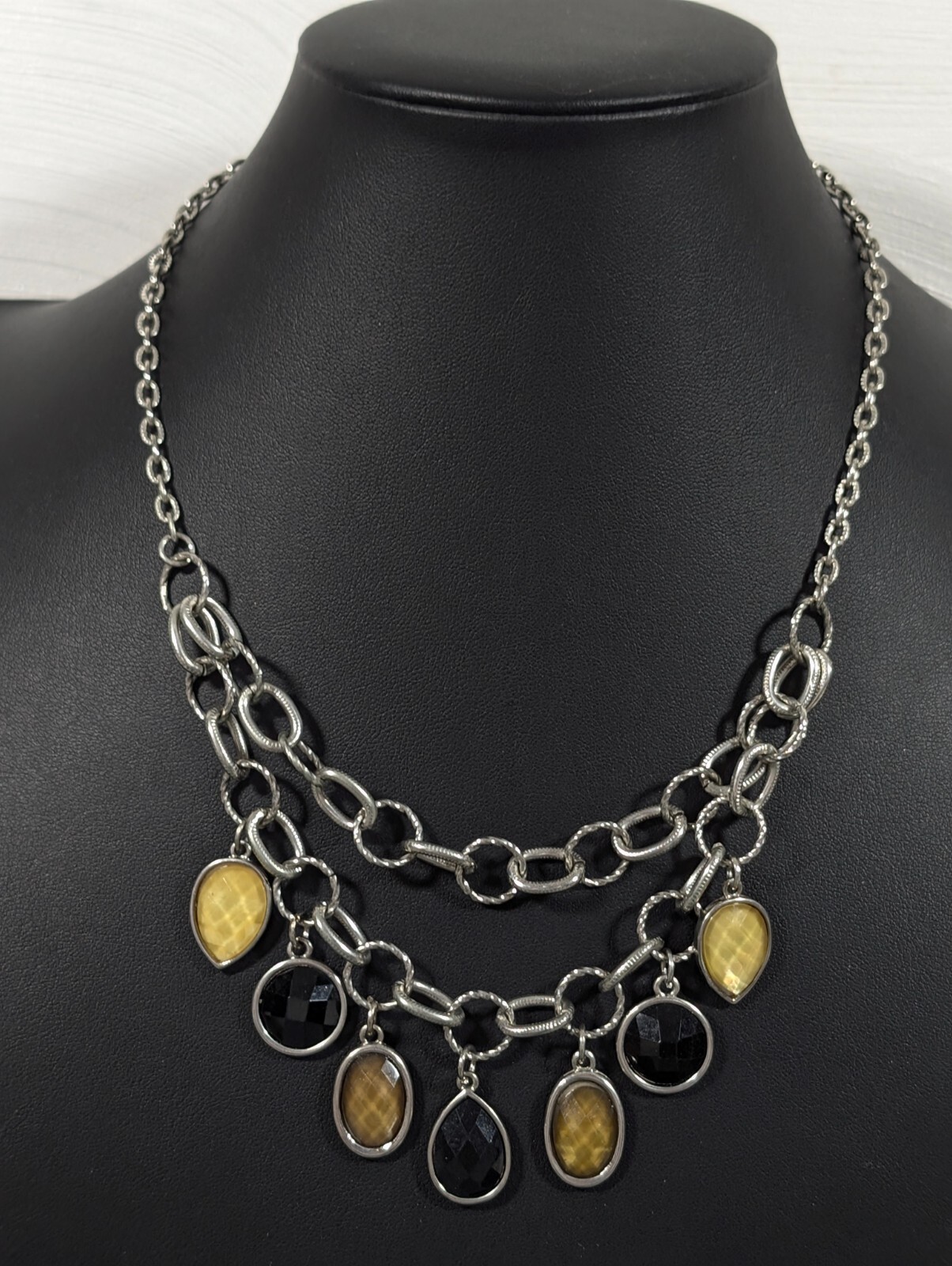 Boho Western Yellow Brown Black Charm Double Chain Layer Statement Necklace 21″