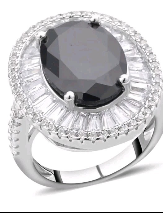 Simulated Black and White Diamond Double Halo Ring in Silvertone (Size 7.0)