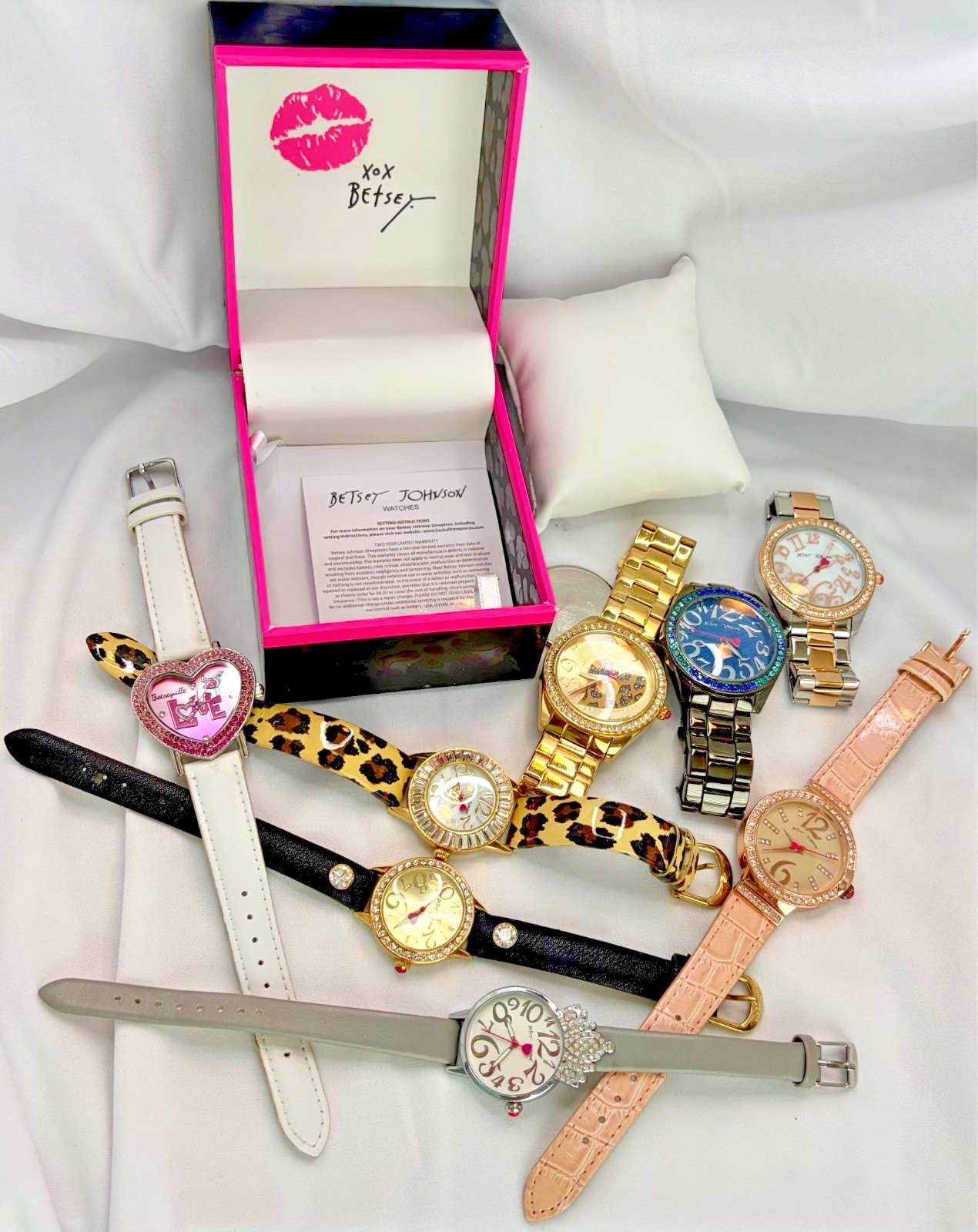 Betsey Johnson Watches Bundle Of 8 Heart Leopard Crystal White Blue Pink Gray