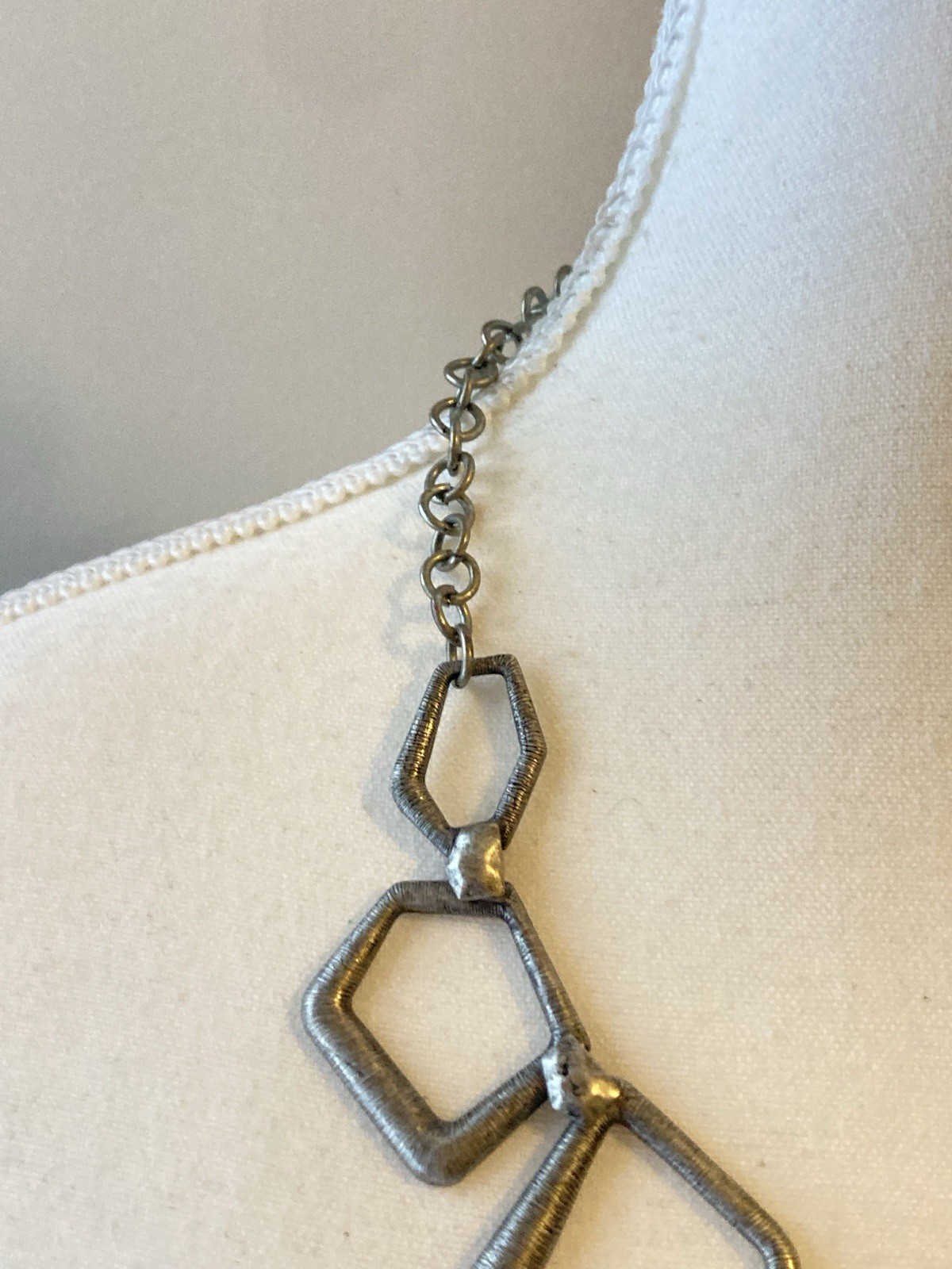 Modernist Statement Necklace Open Pentagon Shape Geometric Abstract Silver Tone