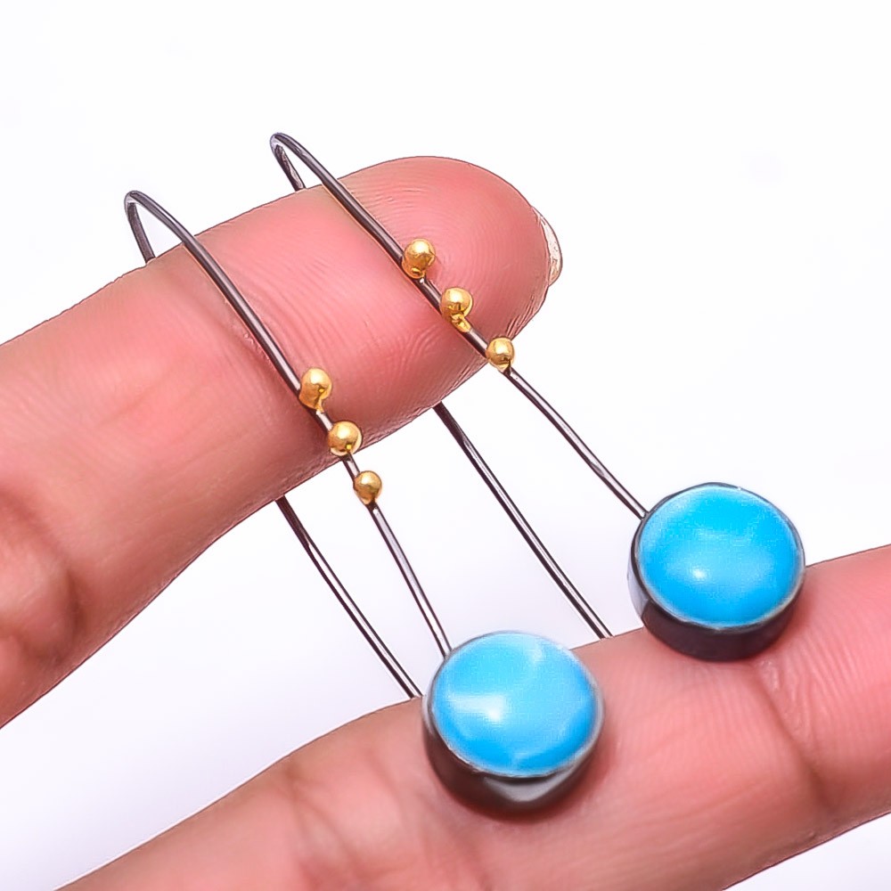 Larimar 925 Sterling Silver Black And Gold Rhodium Plated Earring 1.95″ E52