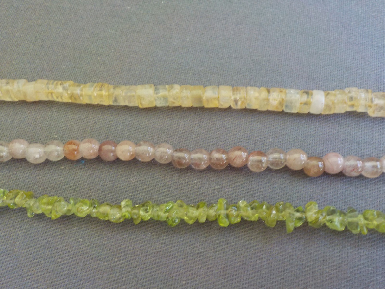 Three Strand Stone Bead Light Green Pink Choker Necklace 16″ Long Variety Shapes