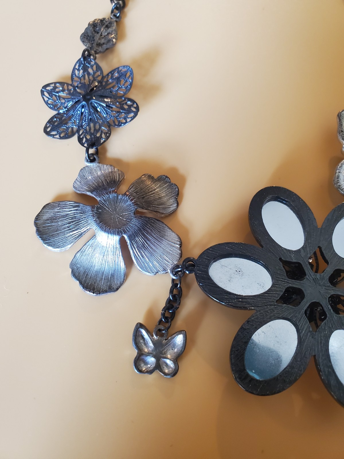 Park Lane Statement Necklace Crystal Pearl Flowers Leaves Butterfly Black Chain