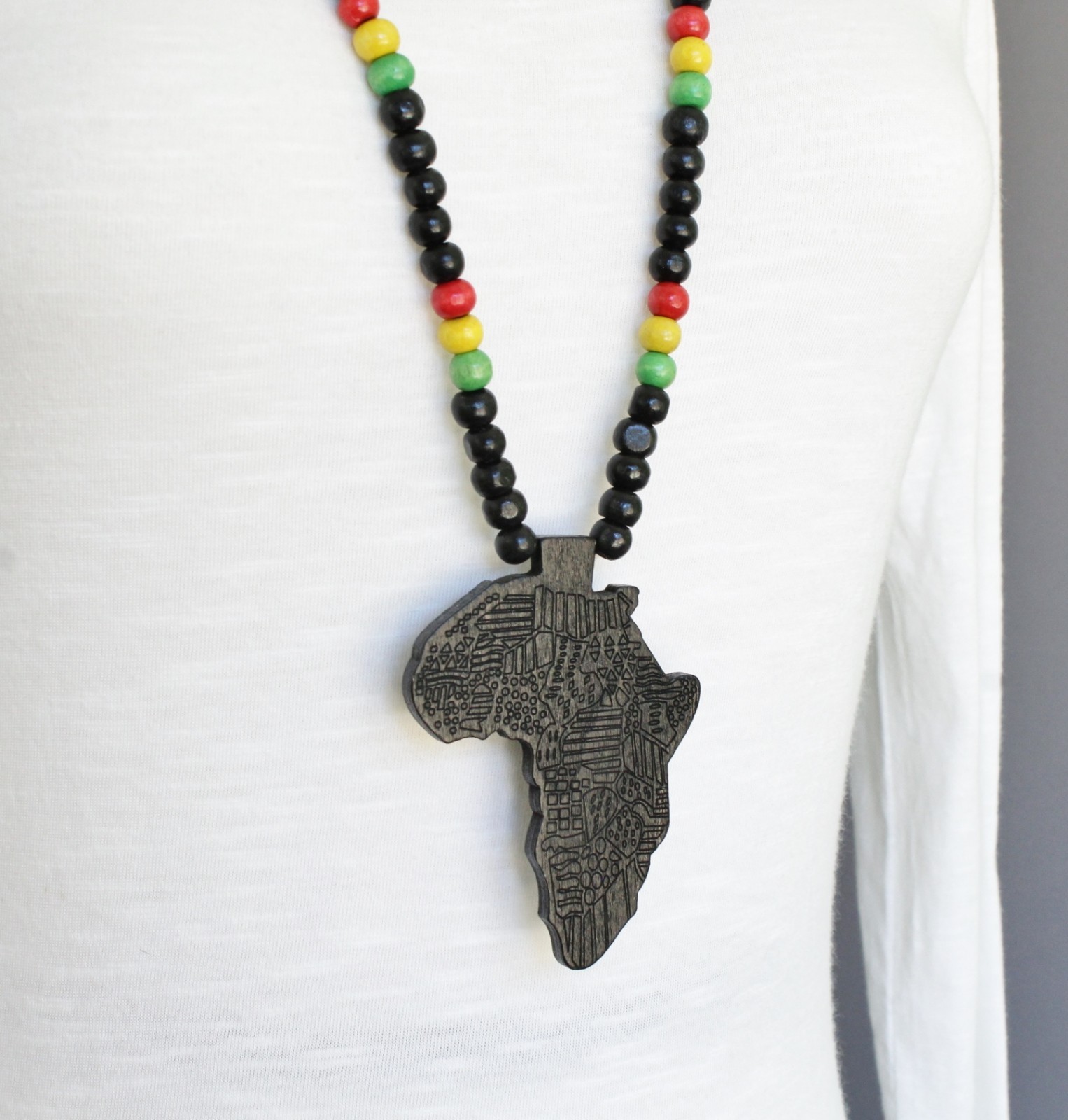 Black wooden africa pendant necklace beads chain african map continent wood long