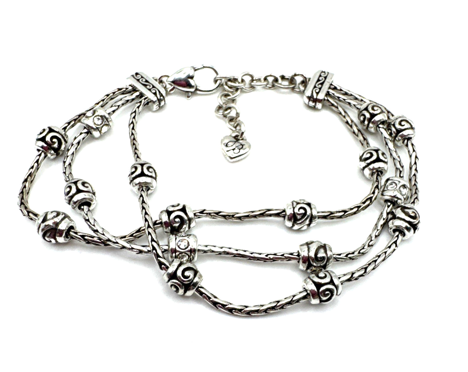 Brighton Crystal Encrusted Decorative Triple Chain Silver Bracelet 7-8.5 Inches