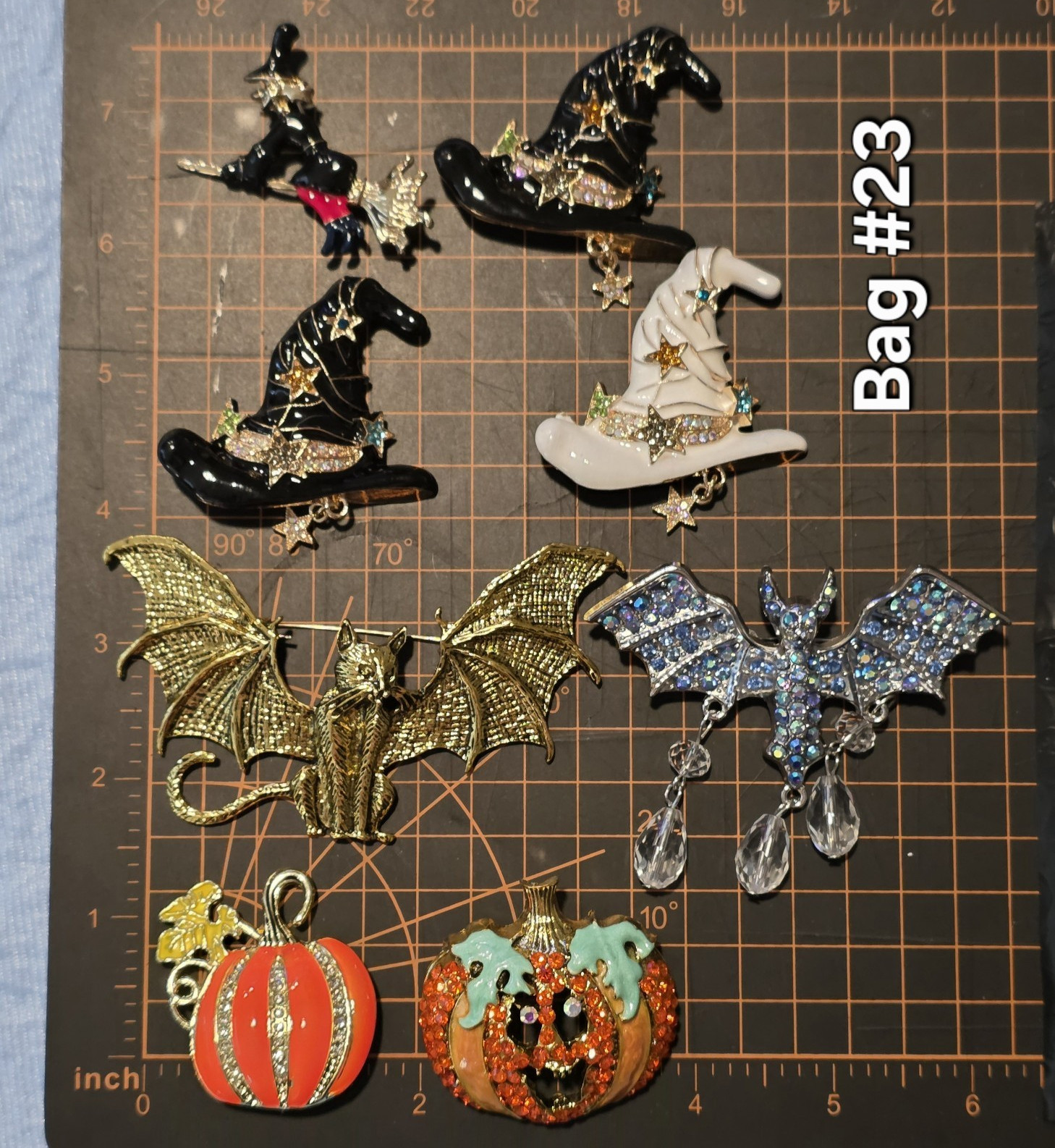 Lot of Halloween Enamel & Rhinestone Dangle Brooch Pins Witch Hat Bat Pumpkin