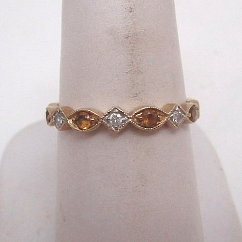 Vintage 10k Yellow Gold Citrine and Diamond Mixed Cut Band Ring Size 7.5
