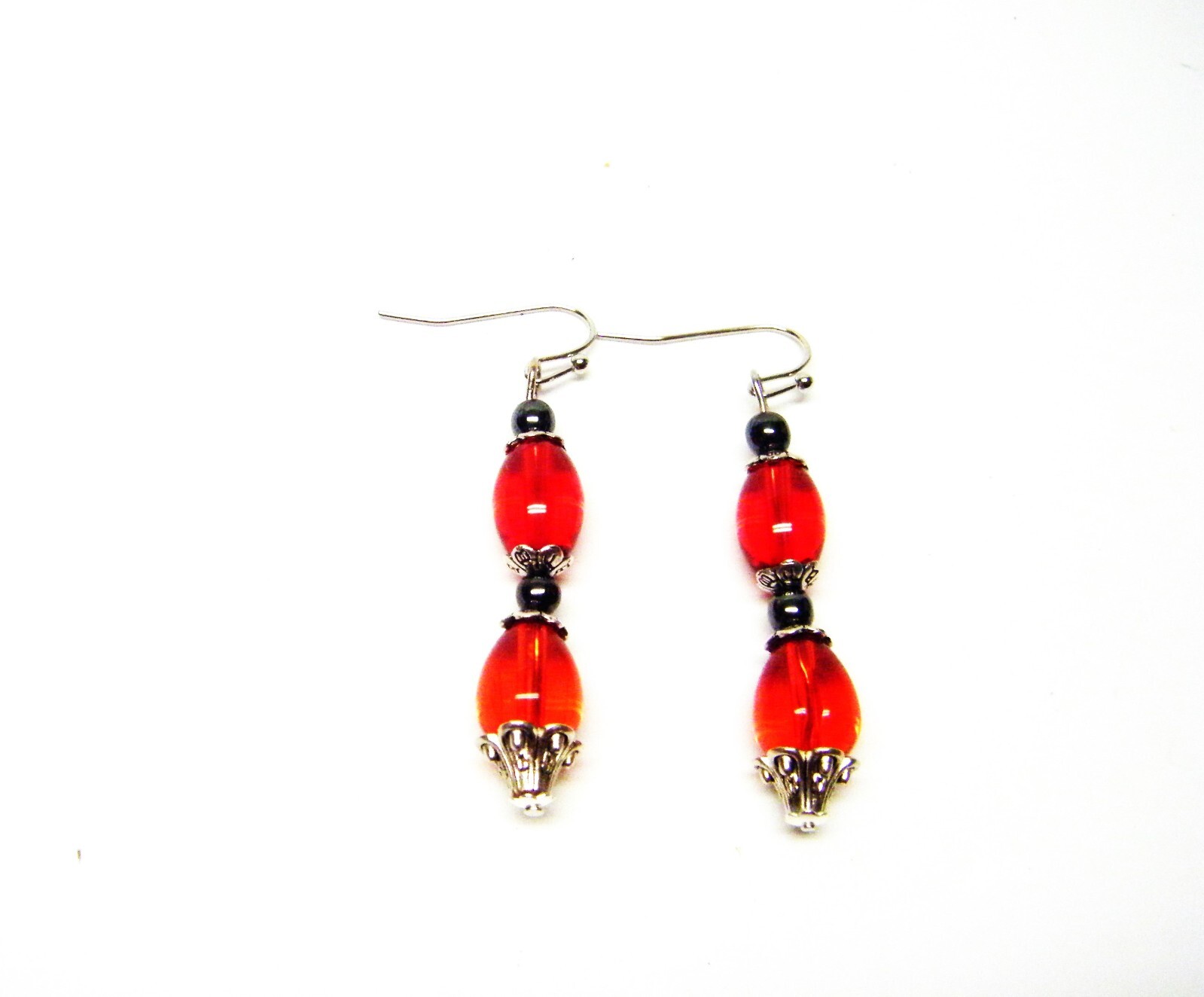 Multi Shapes/Sizes Red Transparent Glass w/Silver Bead Caps Necklac/Brace/Earrin