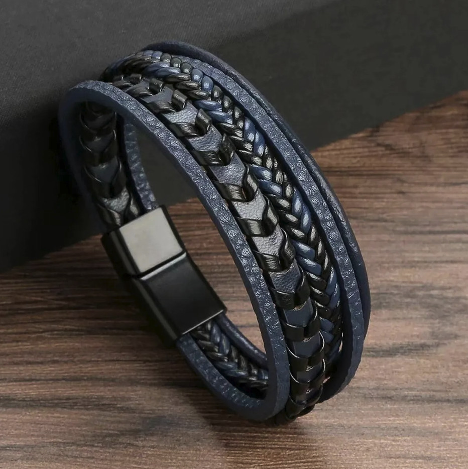 1pc Men’s Multilayer Leather Rope Bracelet Alloy Magnetic Buckle Bangle – NEW