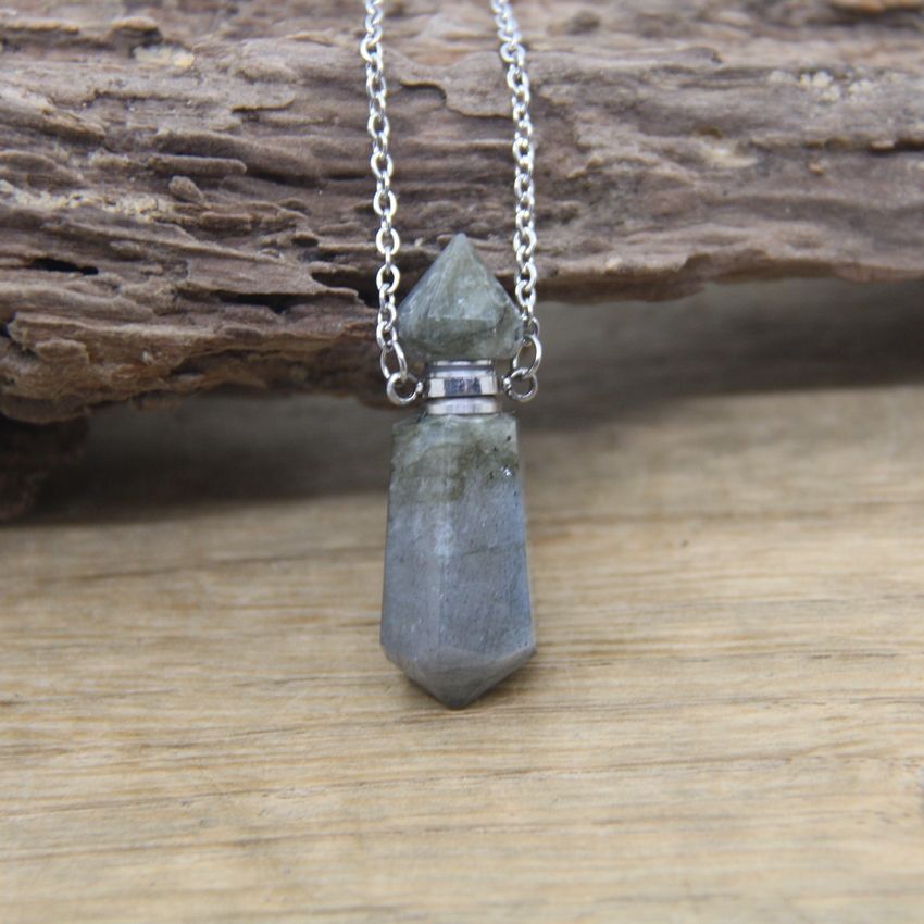 Double Pointed Perfume Bottle Pendant Vial Labradorite Pendants DIY Necklace 1Pc