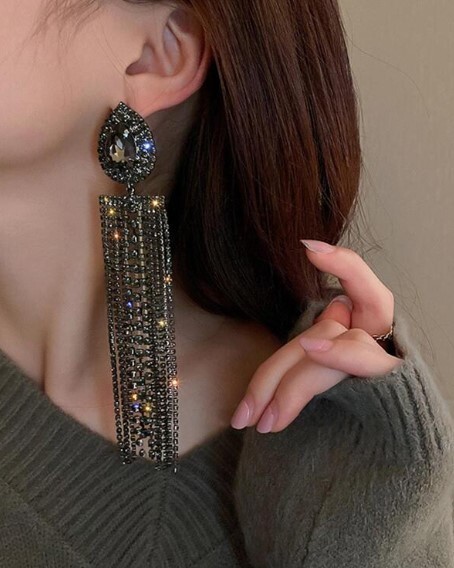 Evening Prom Wedding Extra Long Rhinestone Crystal Black Tassel Dangle Earrings