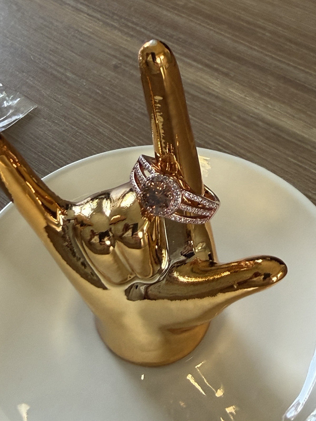 Rose Gold Tone Metal Cocktail Ring Size 6 ChampagneRound Stone Halo Pave