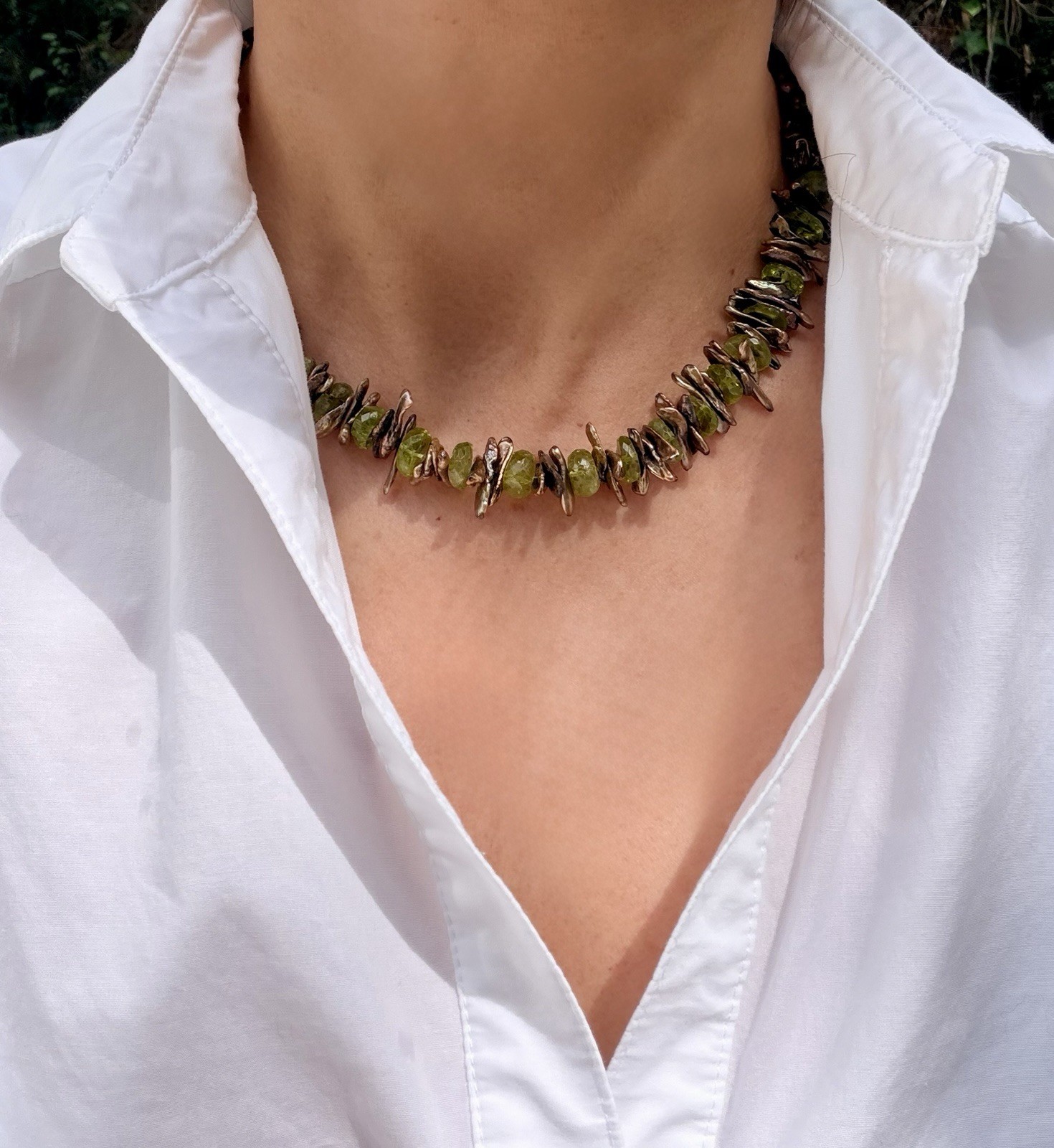 Authentic Faceted Peridot & Brown Pearl branches necklace 17” Pearl Clasp 925
