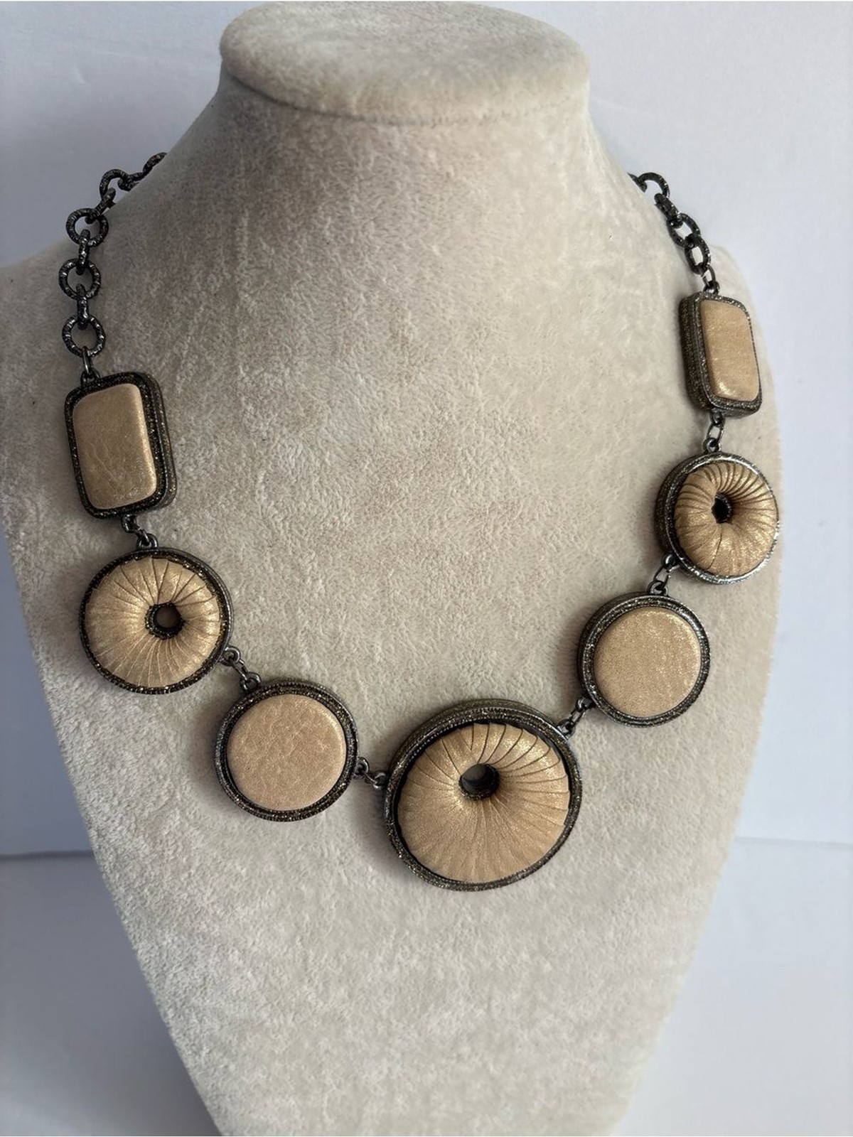 Reversible Statement Necklace Beige Blue Faux Leather Gold Tone Necklace